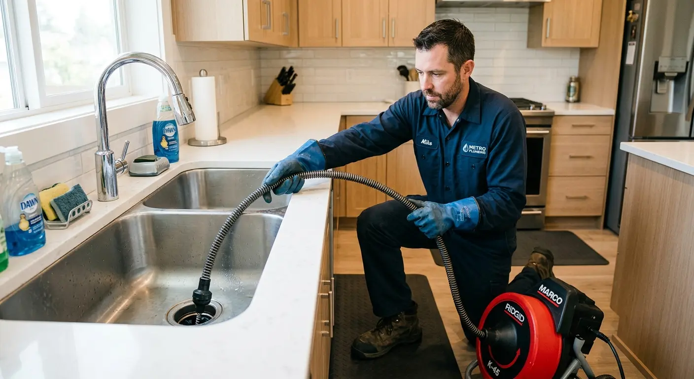 Drain cleaning technician using a motorized snake on a kitchen sink in Nevada
