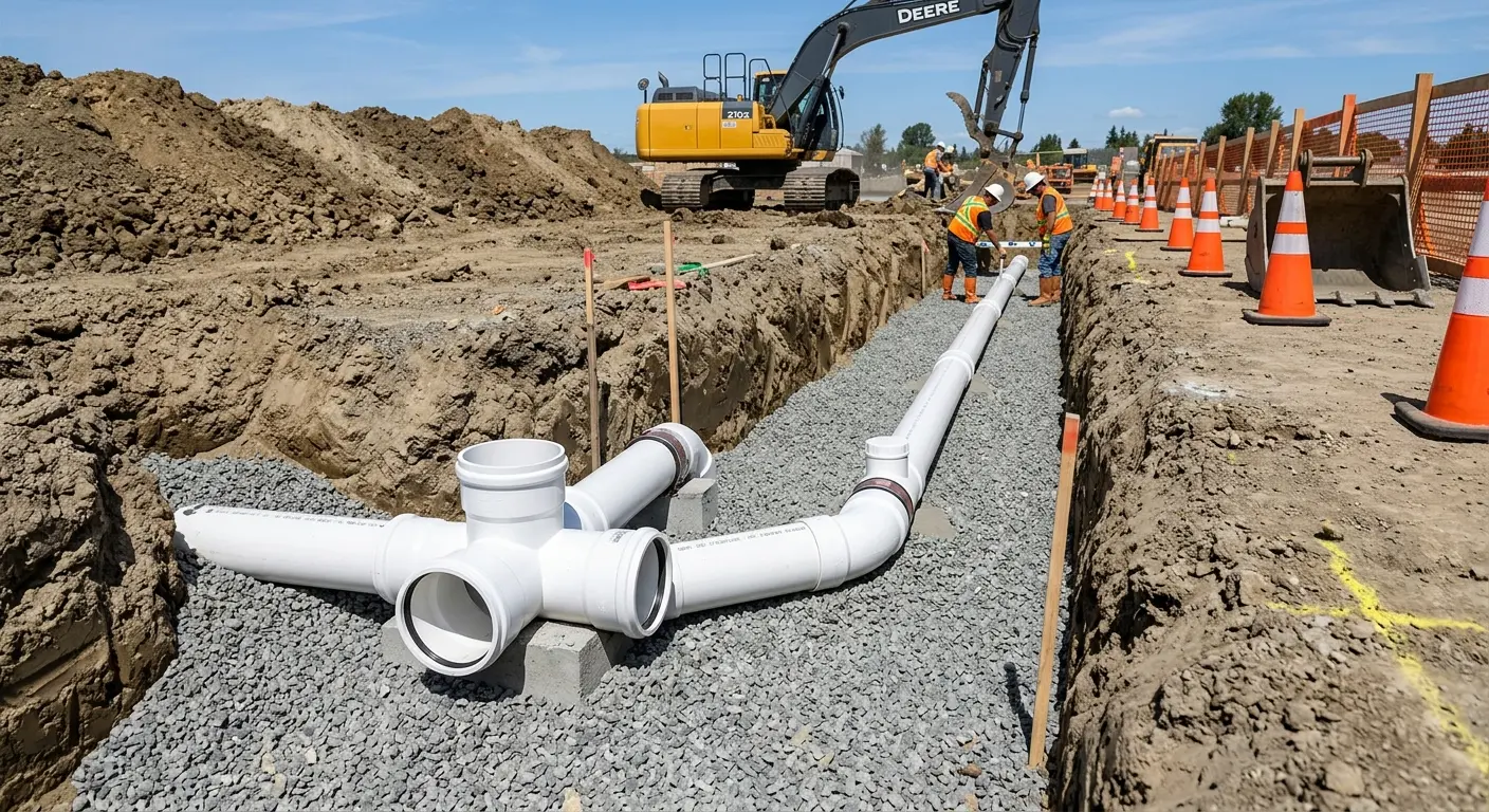 New PVC sewer pipe installation in open trench for Commercial Drain Cleaning in Nevada