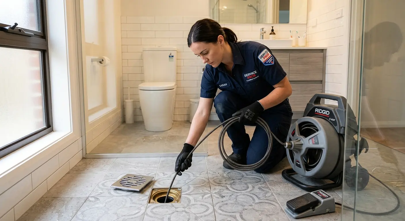Technician clearing a bathroom floor drain for Sewer Line Replacement in Nevada
